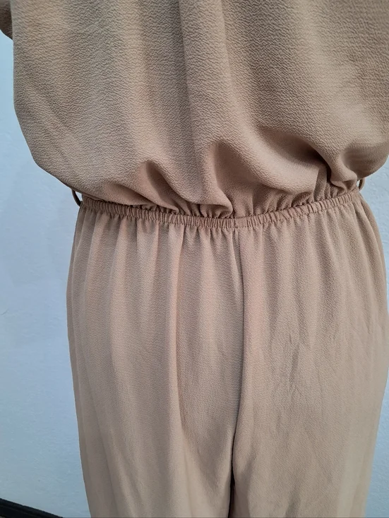 Monteau Md Jumpsuit Beige V-Neck Short Sleeve Lightweight Wide Leg Career - Picture 7 of 10